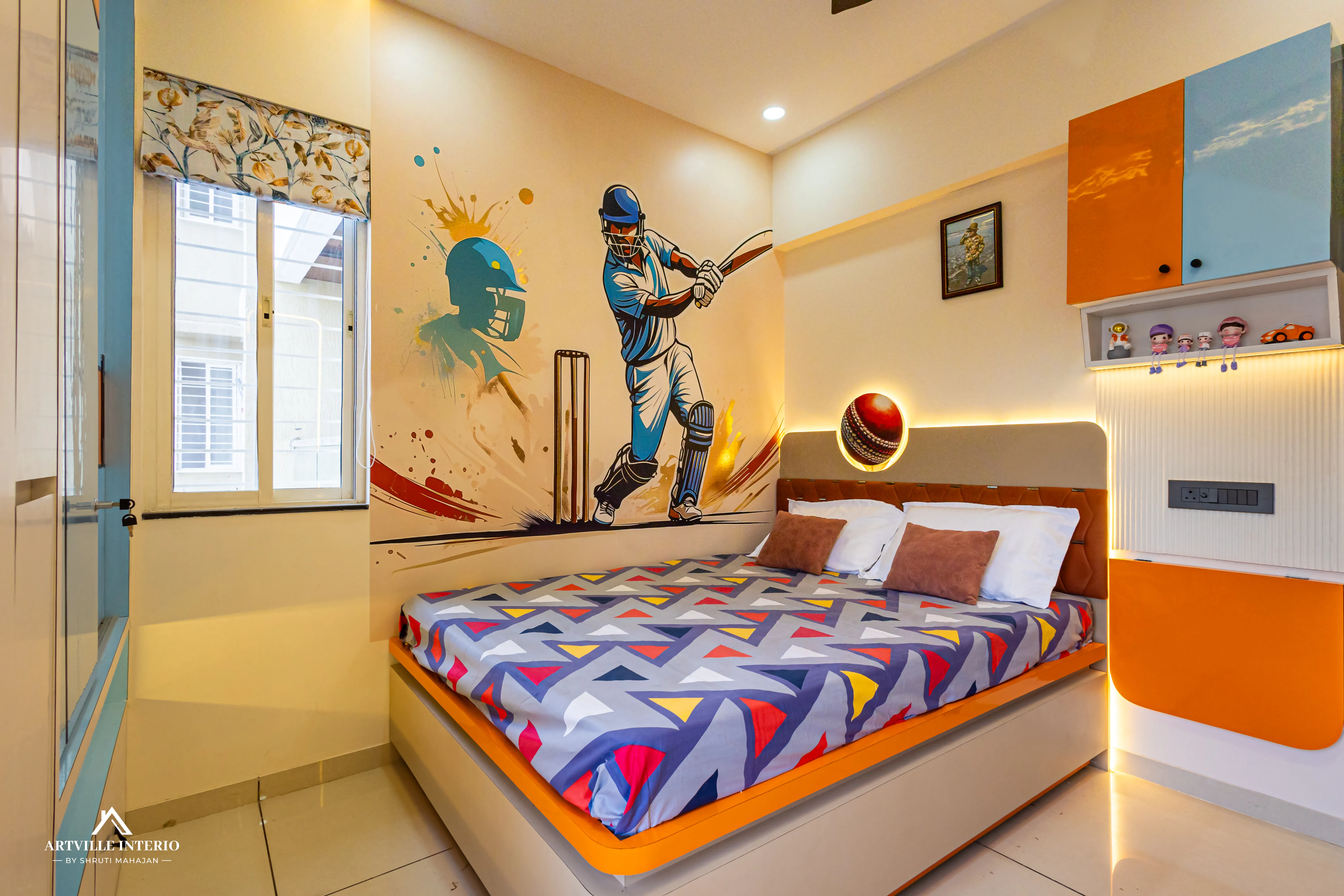 Vibrant kids bedroom with study nook and modular shelving unit