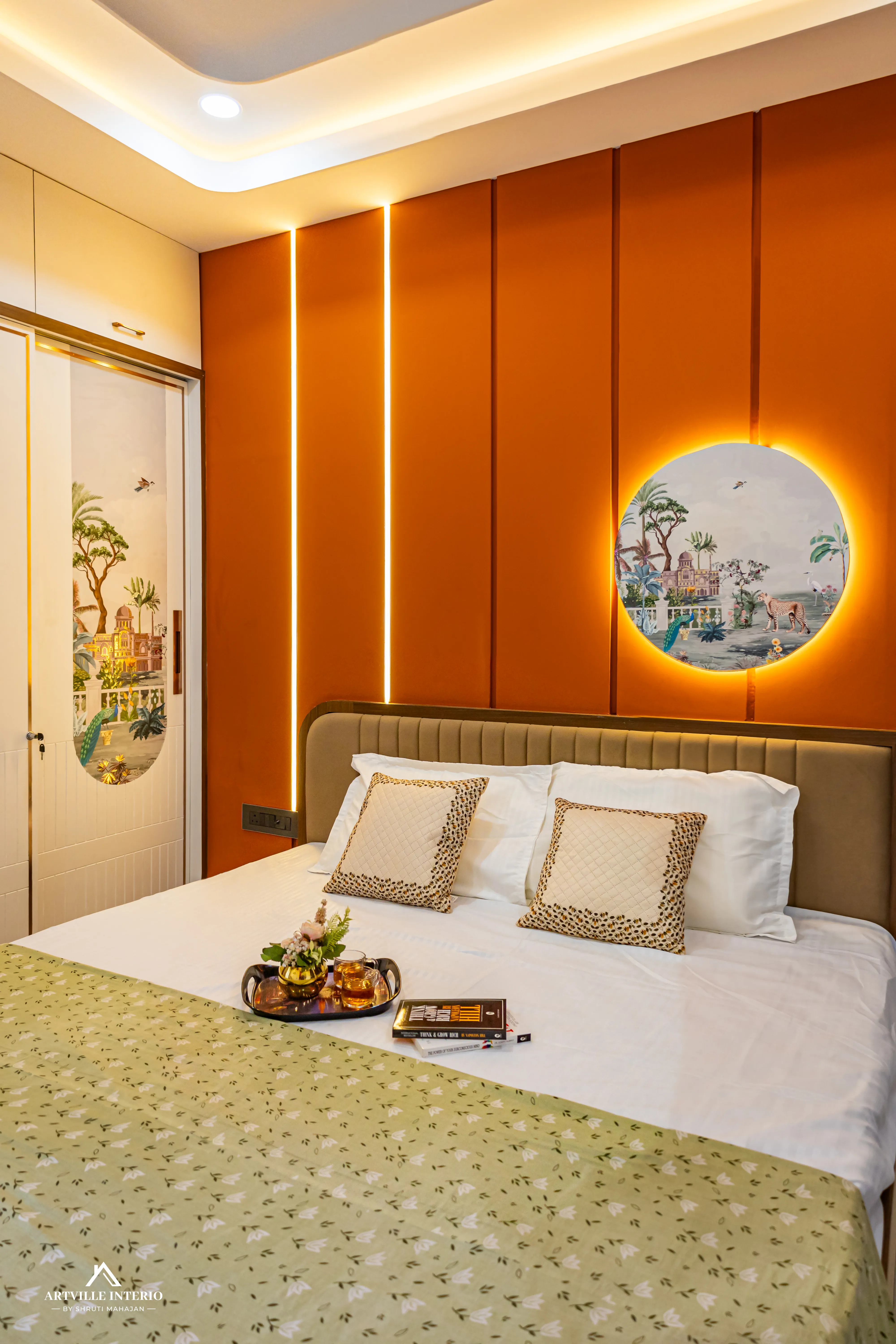 Earthy tones bedroom with wooden paneling and study area