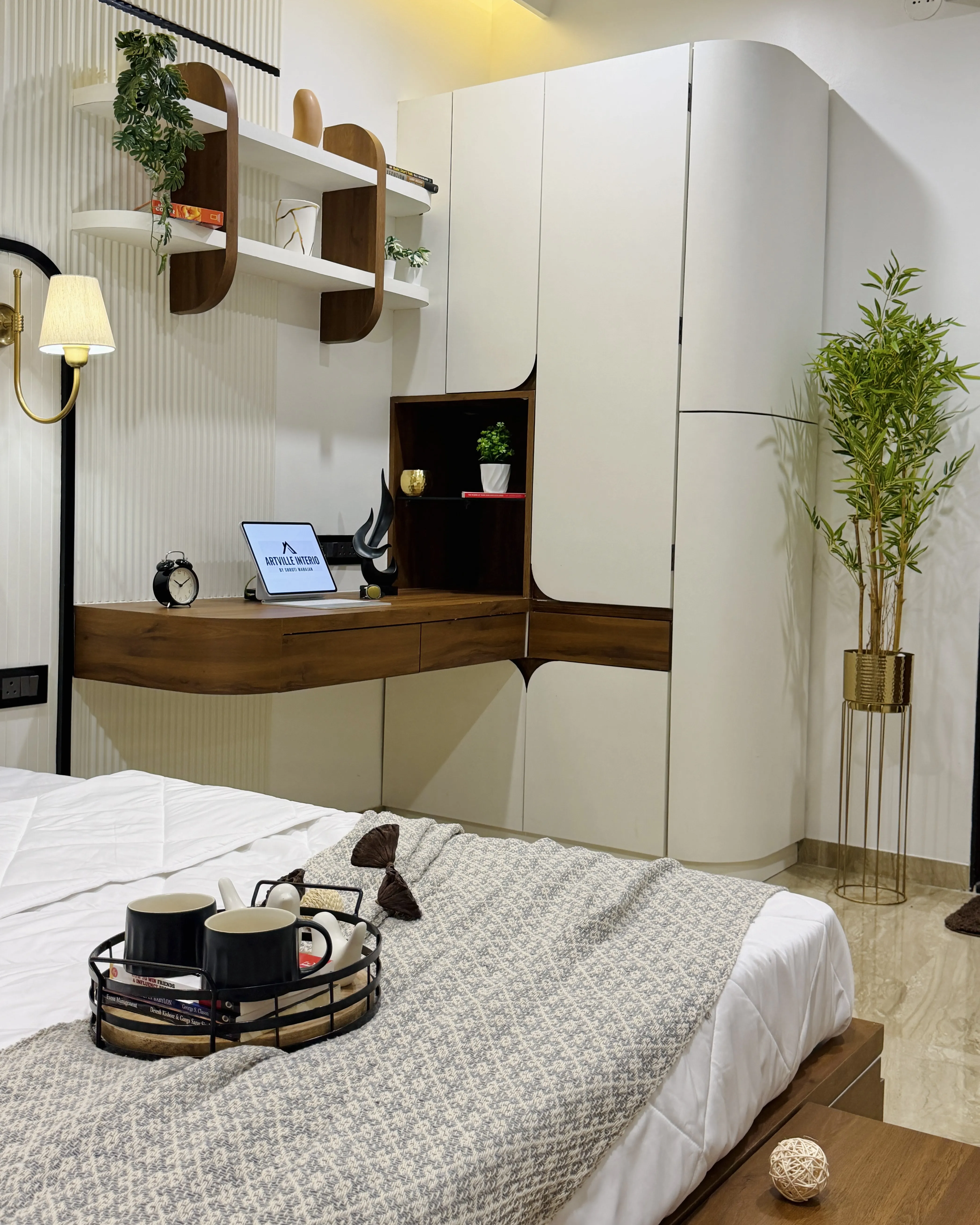 Compact home workspace with open shelving and study desk