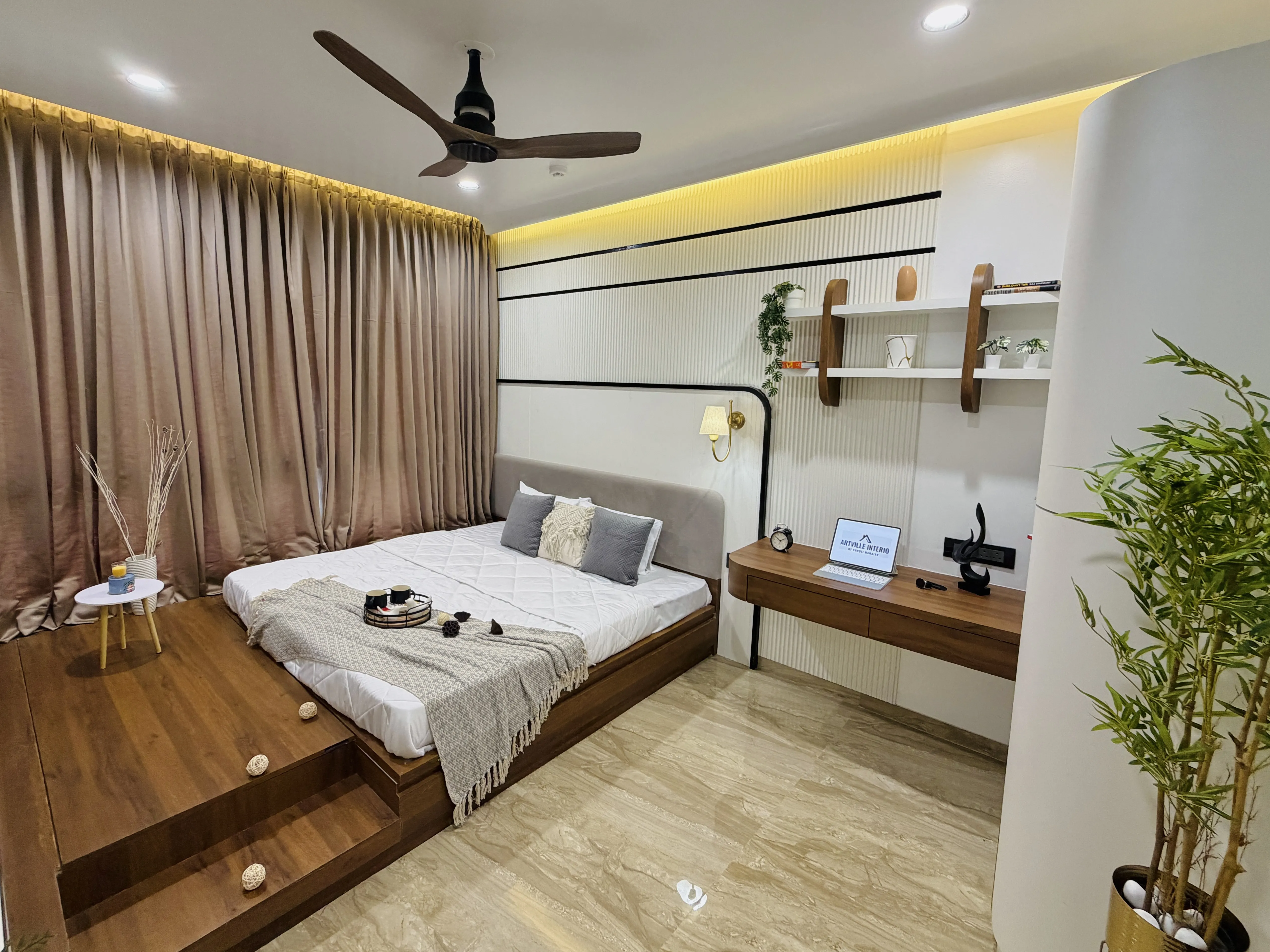 Bedroom with soft drape curtains and ceiling fan