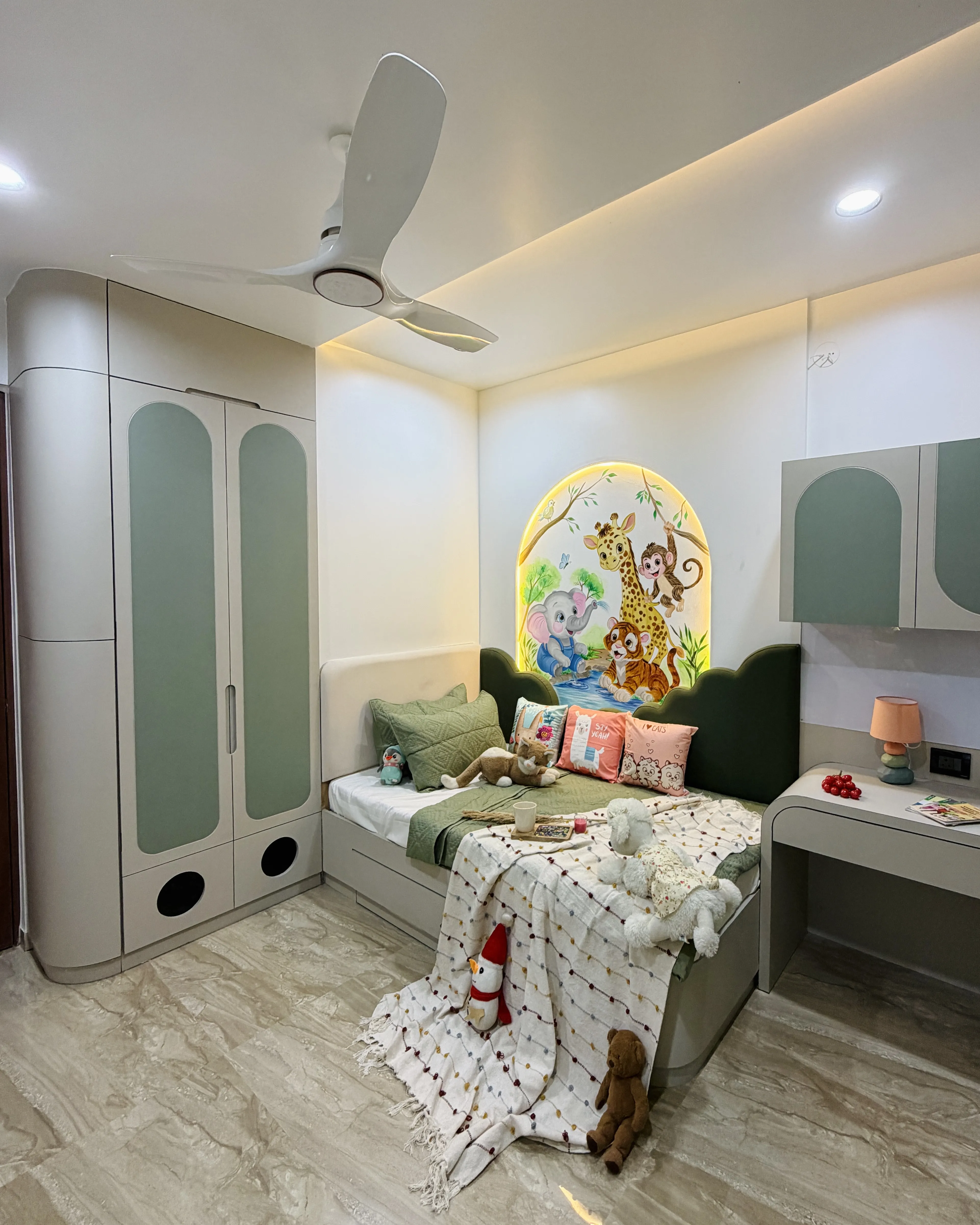 Bedroom with custom wardrobe and ambient ceiling lighting