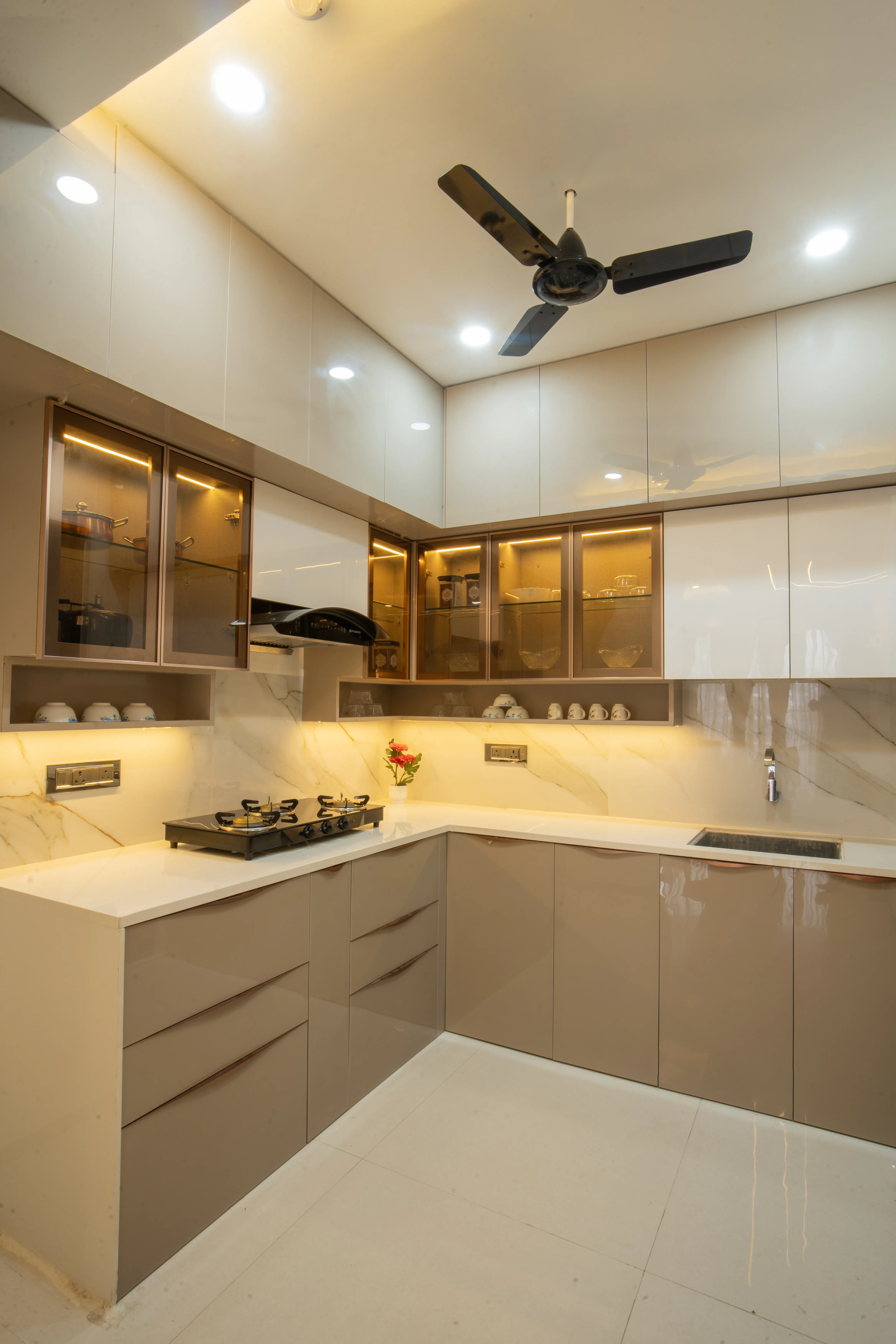 Gourmet kitchen setup featuring custom modular cabinets and sleek countertops